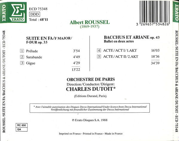 Albert Roussel - Orchestre De Paris , Charles Dutoit - Bacchus & Ariane / Suite En Fa | Erato (ECD 75348) - 2