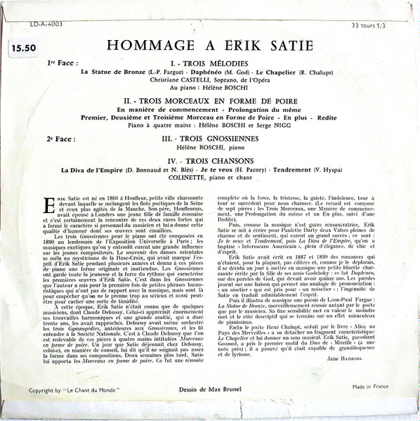 Erik Satie • Helene Boschi / Christiane Castelli / Serge Nigg / Colinette • Présentation Jane Bathori - Trois Mélodies / Trois Morceaux En Forme De Poire / Trois Gnossiennes / Trois Chansons | Le Chant Du Monde (LD-A 4003) - 2 Erik Satie • Helene Boschi / Christiane Castelli / Serge Nigg / Colinette • Présentation Jane Bathori - Trois Mélodies / Trois Morceaux En Forme De Poire / Trois Gnossiennes / Trois Chansons | Le Chant Du Monde (LD-A 4003) - 2