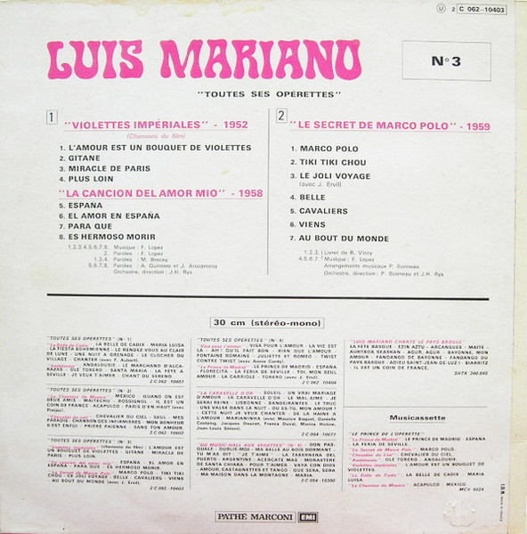Luis Mariano - Toutes Ses Opérettes N°3 | Pathé (2C 062-10403) - 2