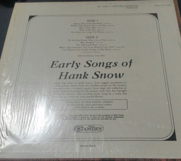 Hank Snow - My Early Country Favorites | RCA Camden (Cal-2160) - 2
