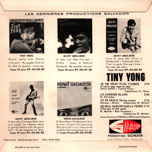 Tiny Yong - Je Ne Veux Plus T'aimer = I Can't Stay Mad At You | Disques Salvador (432.989 BE) - 2