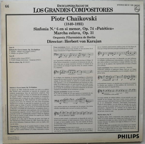Pyotr Ilyich Tchaikovsky - Herbert von Karajan , Berliner Philharmoniker - Sinfonía N.6 En Si Menor, Op.74 "Patética" / Marcha Eslava, Op. 31 | Philips (68 51 105) - 2