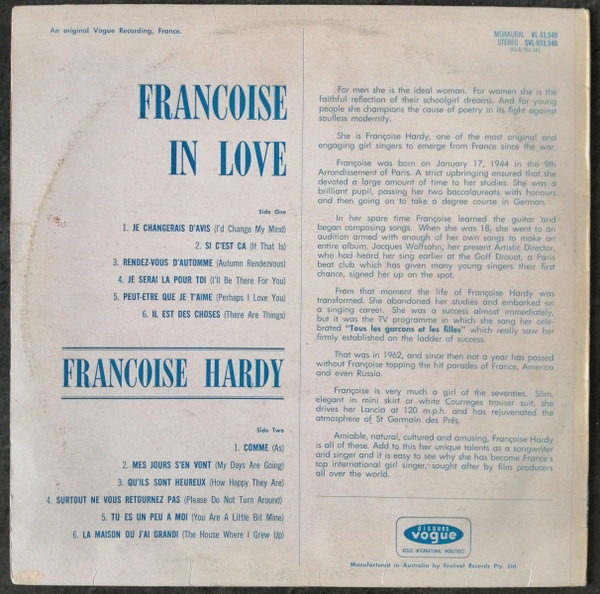 Françoise Hardy - Françoise In Love | Disques Vogue (SVL-933,540) - 2 Françoise Hardy - Françoise In Love | Disques Vogue (SVL-933,540) - 2