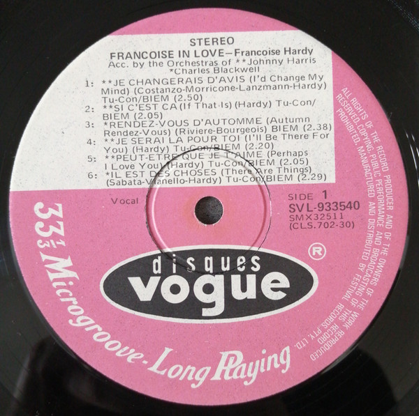 Françoise Hardy - Françoise In Love | Disques Vogue (SVL-933,540) - 3 Françoise Hardy - Françoise In Love | Disques Vogue (SVL-933,540) - 3