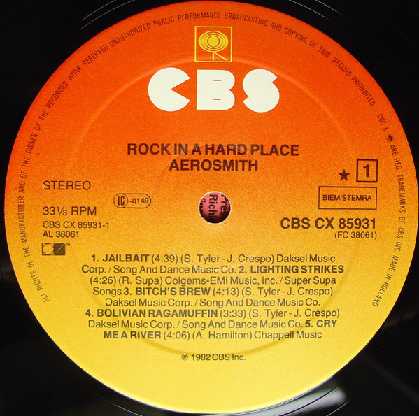 Aerosmith - Rock In A Hard Place | CBS (CBS CX 85931) - 3