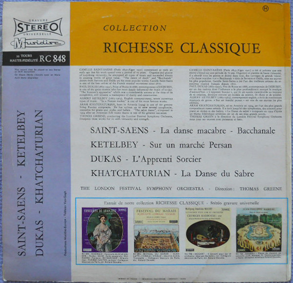 Camille Saint-Saëns / Albert W. Ketelbey / Paul Dukas / Aram Khatchaturian – The London Festival Symphony Orchestra , Thomas Greene - La Danse Macabre / Bacchanale / Sur Un Marché Persan / L' Apprenti Sorcier / La Danse Du Sabre | Musidisc (30 RC 848) - 2