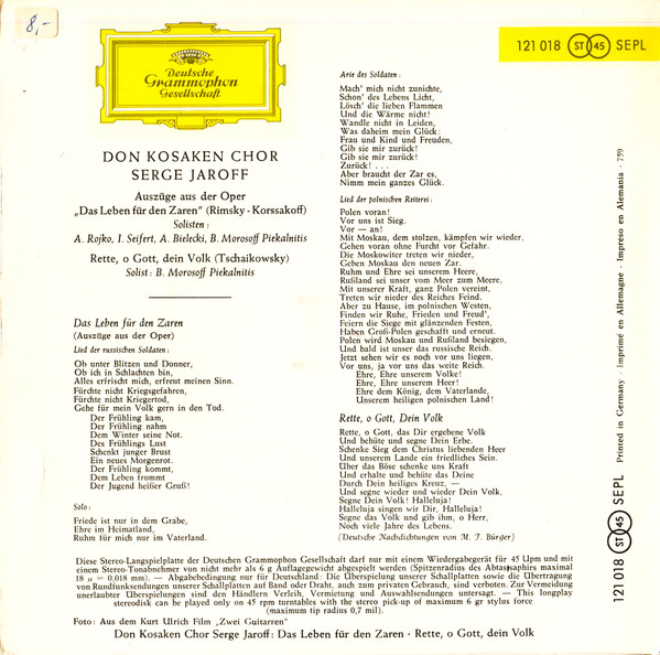 Don Kosaken Chor Serge Jaroff - Das Leben Für Den Zaren | Deutsche Grammophon (121 018 SEPL) - 2