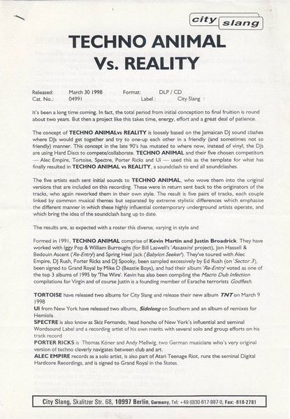 Techno Animal - Techno Animal Versus Reality | City Slang (04991-1) - 2 Techno Animal - Techno Animal Versus Reality | City Slang (04991-1) - 2