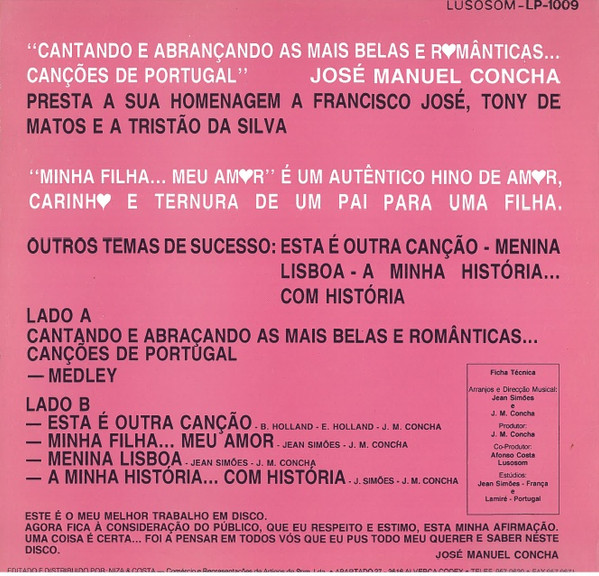 José Manuel Concha - Cantando E Abraçando As Mais Belas E Românticas Canções De Portugal | Lusosom (LP-1009) - 2 José Manuel Concha - Cantando E Abraçando As Mais Belas E Românticas Canções De Portugal | Lusosom (LP-1009) - 2