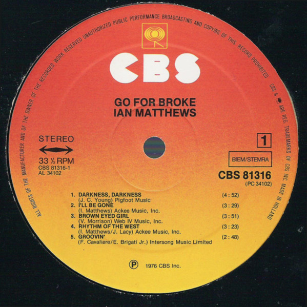 Iain Matthews - Go For Broke | CBS (CBS 81316) - 3