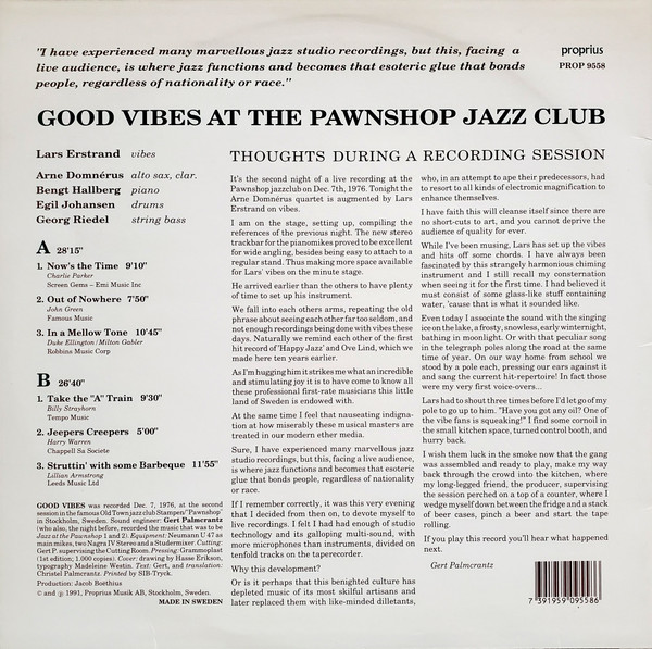 Lars Erstrand • Arne Domnérus Kvartett - Good Vibes At The Pawnshop Jazz Club | Proprius (PROP 9558) - 2
