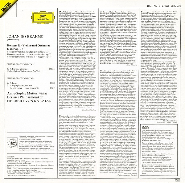 Johannes Brahms , Anne-Sophie Mutter , Berliner Philharmoniker · Herbert von Karajan - Violinkonzert = Violin Concerto | Deutsche Grammophon (2532 032) - 2