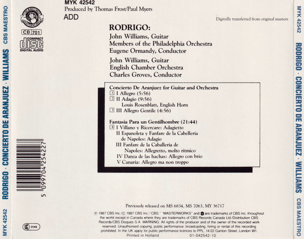 Joaquín Rodrigo - John Williams , Eugene Ormandy , Sir Charles Groves - Concierto De Aranjuez / Fantasia Para Un Gentilhombre | CBS Masterworks (MYK 42542) - 2 Joaquín Rodrigo - John Williams , Eugene Ormandy , Sir Charles Groves - Concierto De Aranjuez / Fantasia Para Un Gentilhombre | CBS Masterworks (MYK 42542) - 2