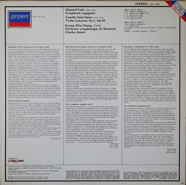 Édouard Lalo , Camille Saint-Saëns , Kyung-Wha Chung , Charles Dutoit , Orchestre Symphonique De Montréal - Symphonie Espagnole / Violin Concerto No.1 | London Records (LDR 71029) - 2 Édouard Lalo , Camille Saint-Saëns , Kyung-Wha Chung , Charles Dutoit , Orchestre Symphonique De Montréal - Symphonie Espagnole / Violin Concerto No.1 | London Records (LDR 71029) - 2