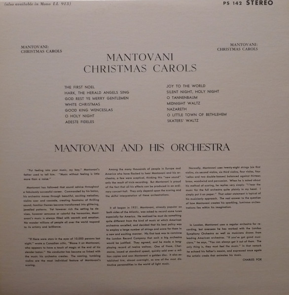Mantovani And His Orchestra - Christmas Carols | London Records (PS 142) - 2