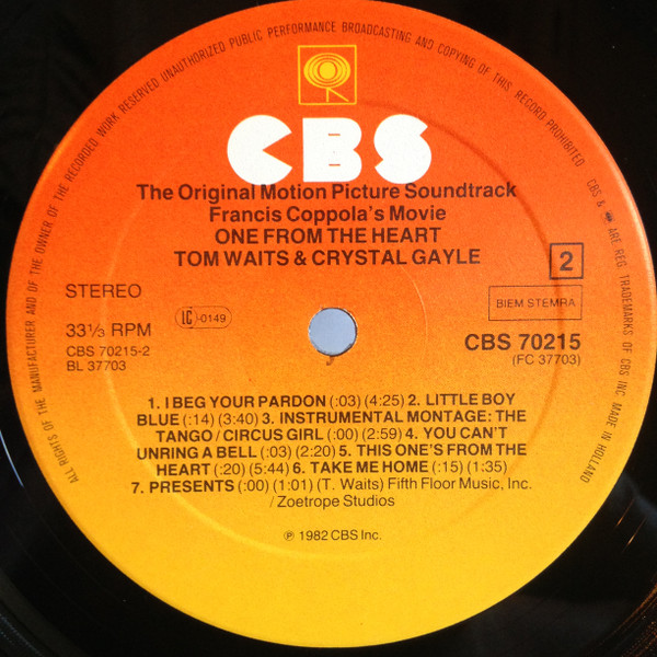 Tom Waits And Crystal Gayle - One From The Heart - The Original Motion Picture Soundtrack Of Francis Coppola's Movie | CBS (CBS 70215) - 4