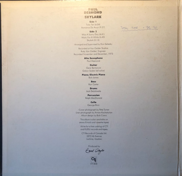 Paul Desmond Featuring Gabor Szabo - Skylark [Vinyl] | CTI Records (CTI 6039) - 3