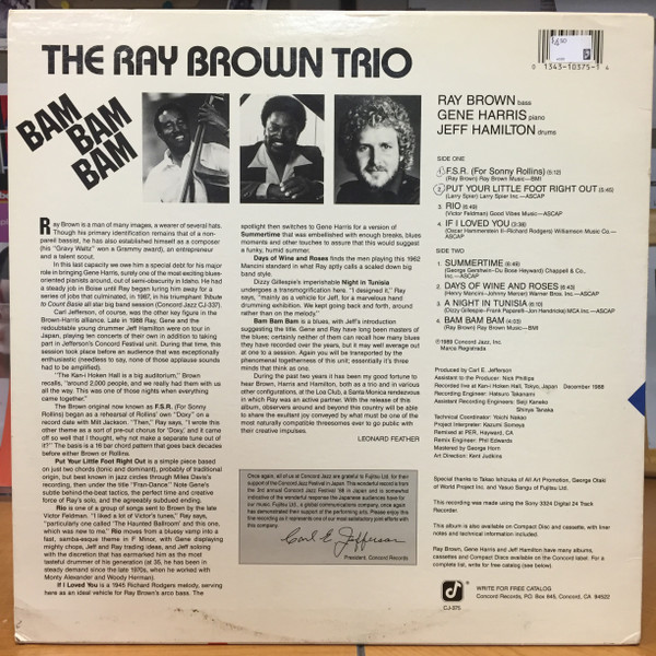 Ray Brown Trio featuring Gene Harris & Jeff Hamilton - Bam Bam Bam [Vinyl] | Concord Jazz (CJ-375) - 2