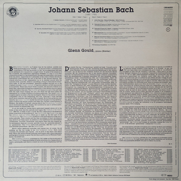 Glenn Gould Plays Johann Sebastian Bach - Italian Concerto, Preludes, Fugues, Etc ... | CBS Masterworks (CBS 60253) - 2