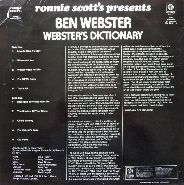 Ben Webster - Ronnie Scott's Presents Ben Webster - Webster's Dictionary | Ronnie Scott's Record Productions (N 112) - 2 Ben Webster - Ronnie Scott's Presents Ben Webster - Webster's Dictionary | Ronnie Scott's Record Productions (N 112) - 2