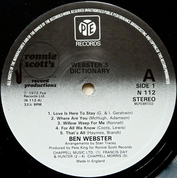 Ben Webster - Ronnie Scott's Presents Ben Webster - Webster's Dictionary | Ronnie Scott's Record Productions (N 112) - 3 Ben Webster - Ronnie Scott's Presents Ben Webster - Webster's Dictionary | Ronnie Scott's Record Productions (N 112) - 3