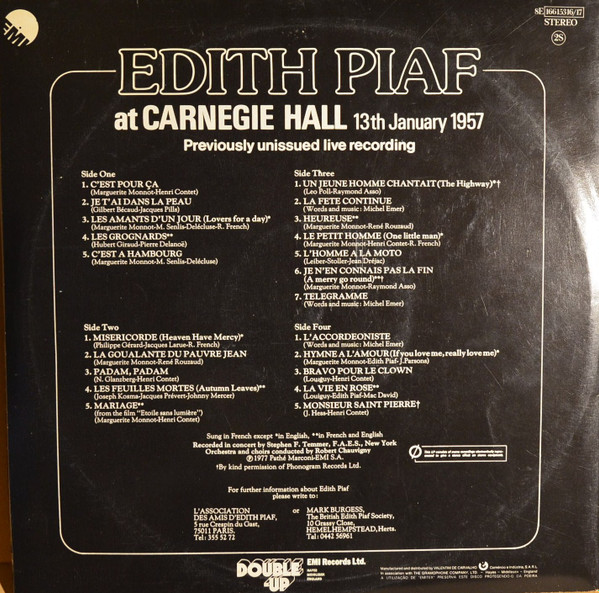 Edith Piaf - Edith Piaf At Carnegie Hall 13th January 1957 | EMI (8E 166 15316/17) - 4