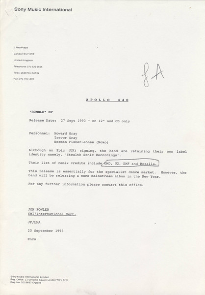 Apollo 440 - Rumble EP | Stealth Sonic Recordings (SSR 1) - 2 Apollo 440 - Rumble EP | Stealth Sonic Recordings (SSR 1) - 2