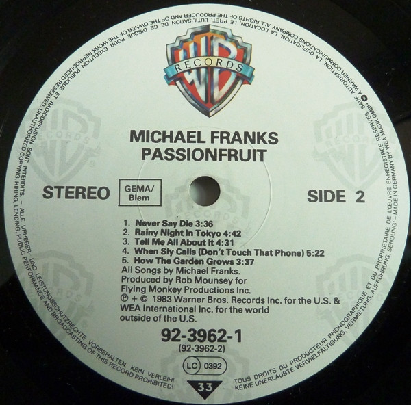 Michael Franks - Passionfruit | Warner Bros. Records (92-3962-1) - 3
