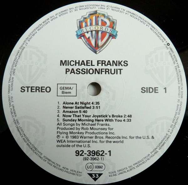 Michael Franks - Passionfruit | Warner Bros. Records (92-3962-1) - 2