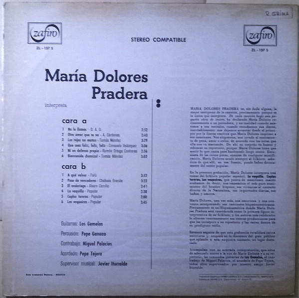 Maria Dolores Pradera Acompañada Por Los Gemelos - Maria Dolores Pradera | Zafiro (ZL-137 S) - 2 Maria Dolores Pradera Acompañada Por Los Gemelos - Maria Dolores Pradera | Zafiro (ZL-137 S) - 2