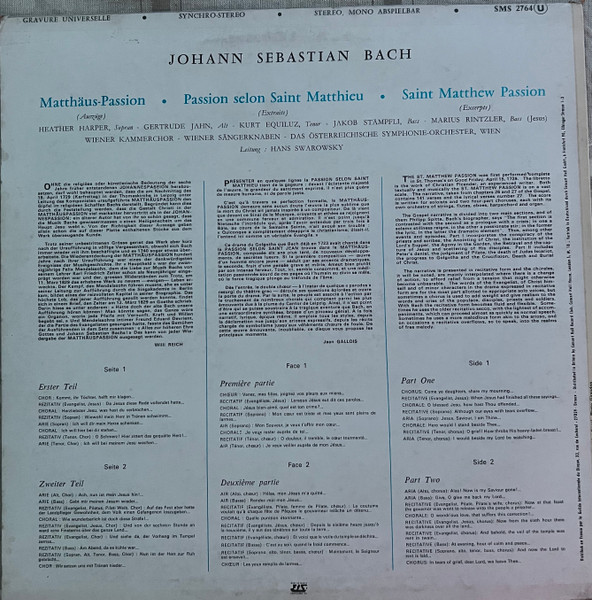 Wiener Kammerchor , Die Wiener Sängerknaben , Großes Orchester des Österreichischen Rundfunks - Matthaus-Passion (Johann Sebastian Bach) | Guilde Internationale Du Disque (SMS 2764) - 2