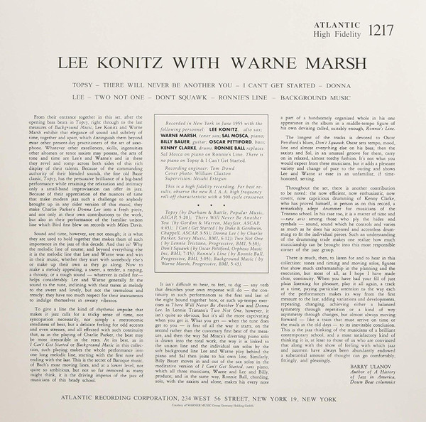 Lee Konitz With Warne Marsh - Lee Konitz With Warne Marsh | Speakers Corner Records (1217) - 2