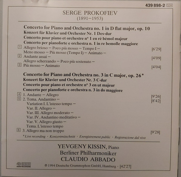 Sergei Prokofiev , Yevgeny Kissin , Berliner Philharmoniker , Claudio Abbado - Piano Concertos Nos 1 & 3 = Klavierkonzerte = Concertos Pour Piano | Deutsche Grammophon (439 898-2) - 4