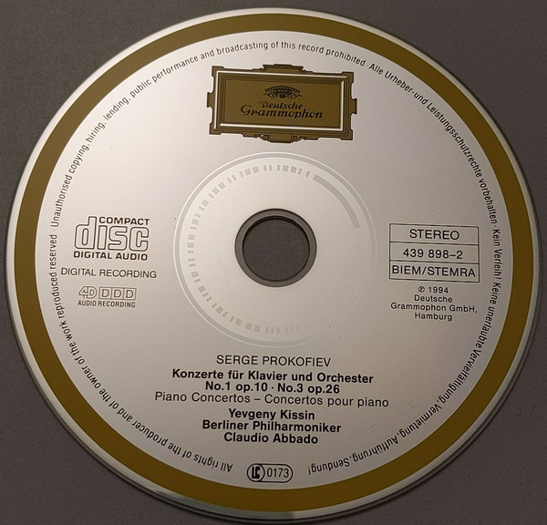 Sergei Prokofiev , Yevgeny Kissin , Berliner Philharmoniker , Claudio Abbado - Piano Concertos Nos 1 & 3 = Klavierkonzerte = Concertos Pour Piano | Deutsche Grammophon (439 898-2) - 3
