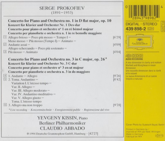 Sergei Prokofiev , Yevgeny Kissin , Berliner Philharmoniker , Claudio Abbado - Piano Concertos Nos 1 & 3 = Klavierkonzerte = Concertos Pour Piano | Deutsche Grammophon (439 898-2) - 2