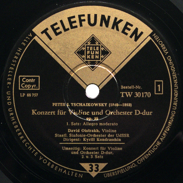 Pyotr Ilyich Tchaikovsky , David Oistrach , Russian State Symphony Orchestra ∙ Kiril Kondrashin - Konzert Für Violine Und Orchester D-dur Op. 35 | Telefunken (TW 30170) - 3