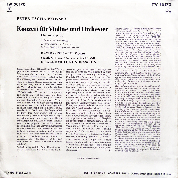 Pyotr Ilyich Tchaikovsky , David Oistrach , Russian State Symphony Orchestra ∙ Kiril Kondrashin - Konzert Für Violine Und Orchester D-dur Op. 35 | Telefunken (TW 30170) - 2
