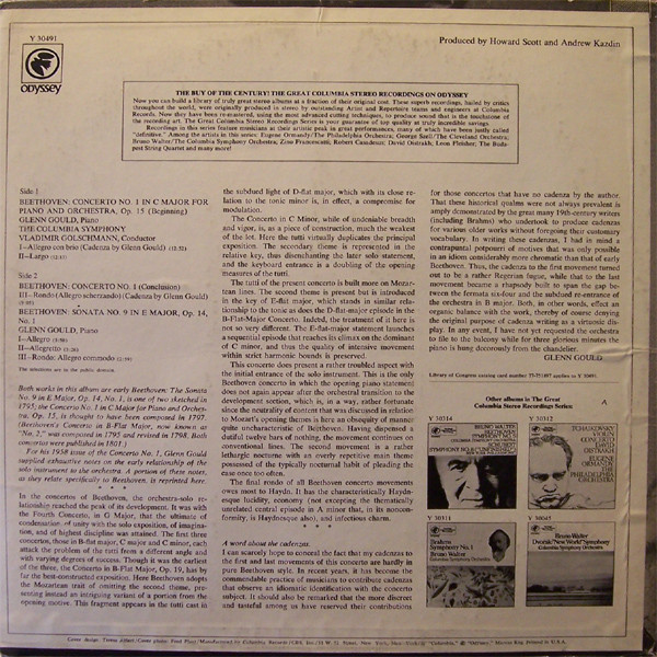 Glenn Gould / Ludwig van Beethoven , Columbia Symphony Orchestra , Vladimir Golschmann - Piano Concerto No. 1, Piano Sonata Op. 14 No. 1 | Columbia Odyssey (Y30491) - 2
