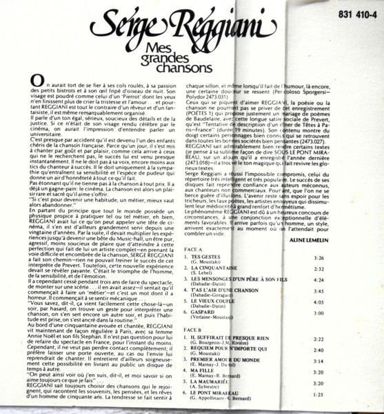 Serge Reggiani - Mes Grandes Chansons | Polydor (831 410-4) - 2 Serge Reggiani - Mes Grandes Chansons | Polydor (831 410-4) - 2