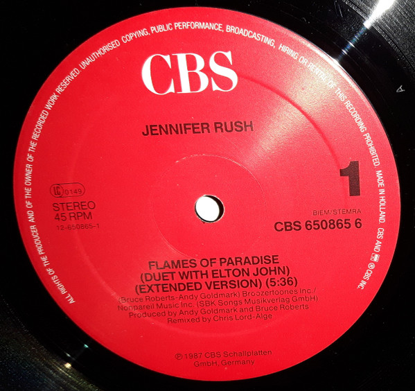 Jennifer Rush - Flames Of Paradise (Duet With Elton John) (Extended Version) | CBS (CBS 650865 6) - main
