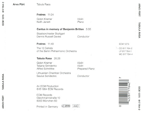 Arvo Pärt - Tabula Rasa | ECM New Series (ECM 1275) - 2 Arvo Pärt - Tabula Rasa | ECM New Series (ECM 1275) - 2