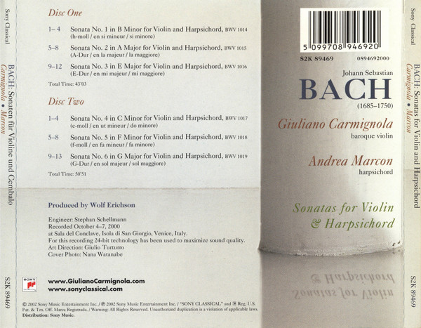 Johann Sebastian Bach , Giuliano Carmignola , Andrea Marcon - Sonatas For Violin & Harpsichord | Sony Classical (S2K 89469) - 2