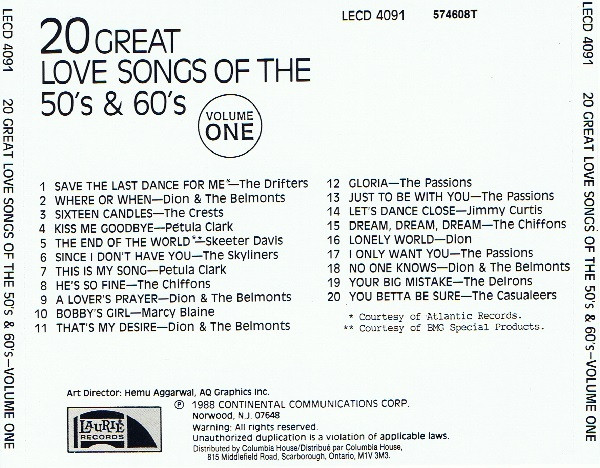 Various - 20 Great Love Songs Of The 50's & 60's–Volume One | Laurie Records (LECD 4091) - 3 Various - 20 Great Love Songs Of The 50's & 60's–Volume One | Laurie Records (LECD 4091) - 3