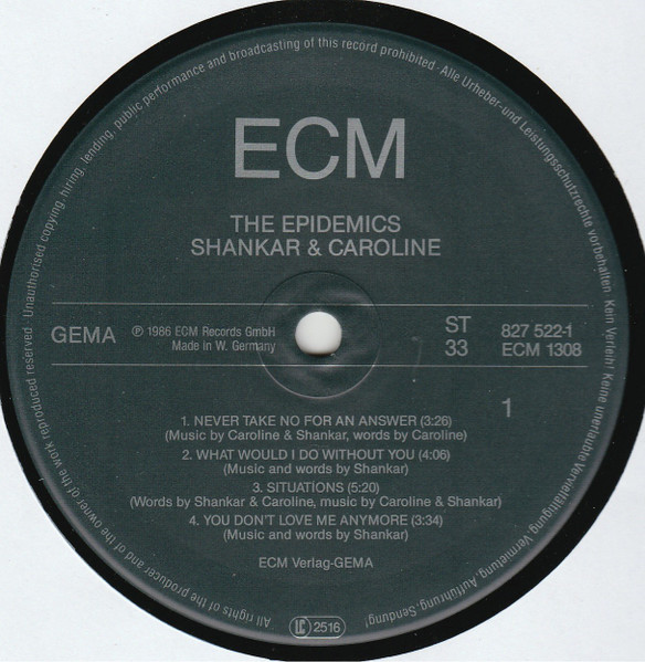 The Epidemics : Shankar / Caroline - The Epidemics | ECM Records (ECM 1308) - 3 The Epidemics : Shankar / Caroline - The Epidemics | ECM Records (ECM 1308) - 3