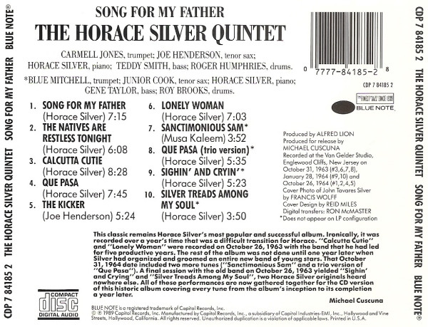 The Horace Silver Quintet - Song For My Father | Blue Note (CDP 7 84185 2) - 2