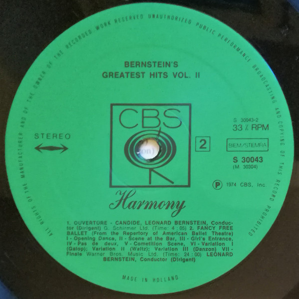 Leonard Bernstein , New York Philharmonic , André Kostelanetz - Bernstein's Greatest Hits Vol. 2 | CBS Harmony (S 30043) - 4