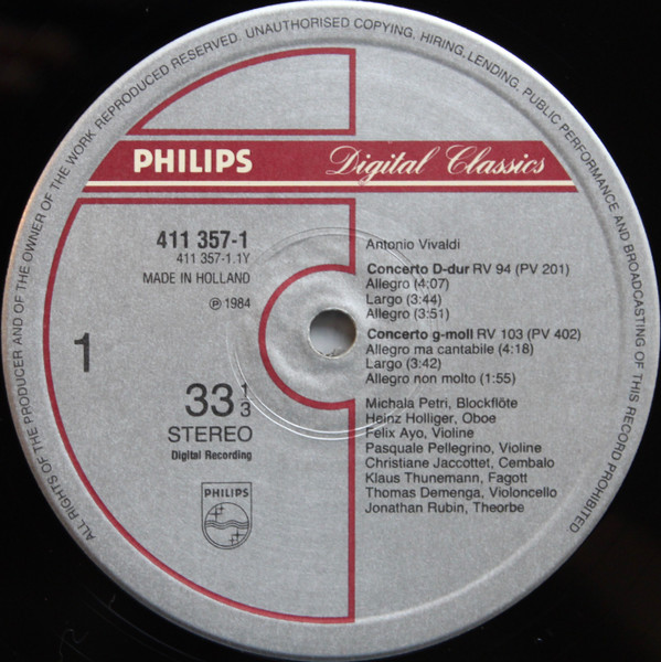 Antonio Vivaldi - Michala Petri , Heinz Holliger , Félix Ayo , Klaus Thunemann , Pasquale Pellegrino , Christiane Jaccottet , Thomas Demenga , Jonathan Rubin - Concerti Da Camera | Philips (411 356-1) - 4 Antonio Vivaldi - Michala Petri , Heinz Holliger , Félix Ayo , Klaus Thunemann , Pasquale Pellegrino , Christiane Jaccottet , Thomas Demenga , Jonathan Rubin - Concerti Da Camera | Philips (411 356-1) - 4