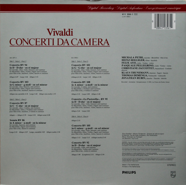 Antonio Vivaldi - Michala Petri , Heinz Holliger , Félix Ayo , Klaus Thunemann , Pasquale Pellegrino , Christiane Jaccottet , Thomas Demenga , Jonathan Rubin - Concerti Da Camera | Philips (411 356-1) - 2 Antonio Vivaldi - Michala Petri , Heinz Holliger , Félix Ayo , Klaus Thunemann , Pasquale Pellegrino , Christiane Jaccottet , Thomas Demenga , Jonathan Rubin - Concerti Da Camera | Philips (411 356-1) - 2