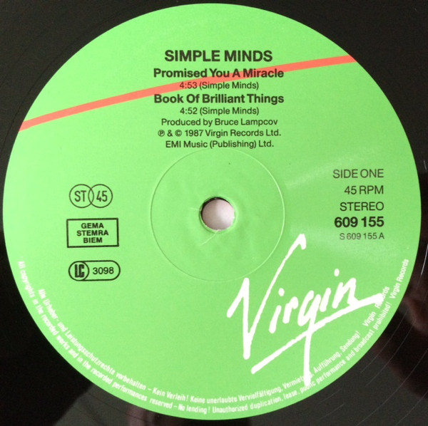 Simple Minds - Promised You A Miracle / Book Of Brilliant Things / Glittering Prize / Celebrate (Simple Minds Live) | Virgin (609 155-213) - 3