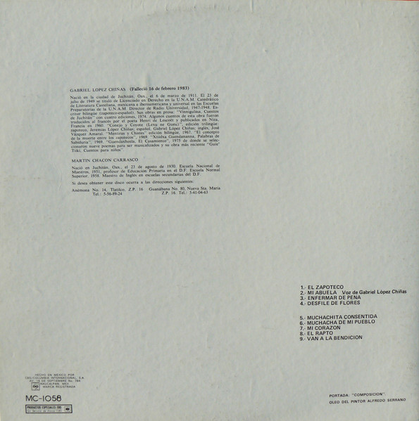 Gabriel Lopez Chiñas , Martin Chacon Carrasco - Canciones Zapotecas Del Istmo. Oaxaca | Productos Especiales CBS (17-04-1996) - 2